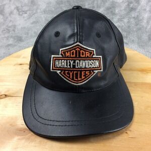 Vtg Harley Davidson Hat Cap Leather Adjustable Black Embroidered Logo Bar Shield